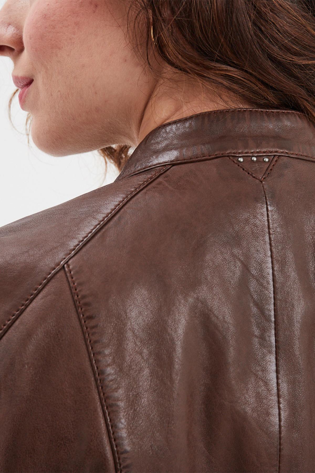 Leather jacket with biker collar, bison color, vegetable tanning - Image n°8