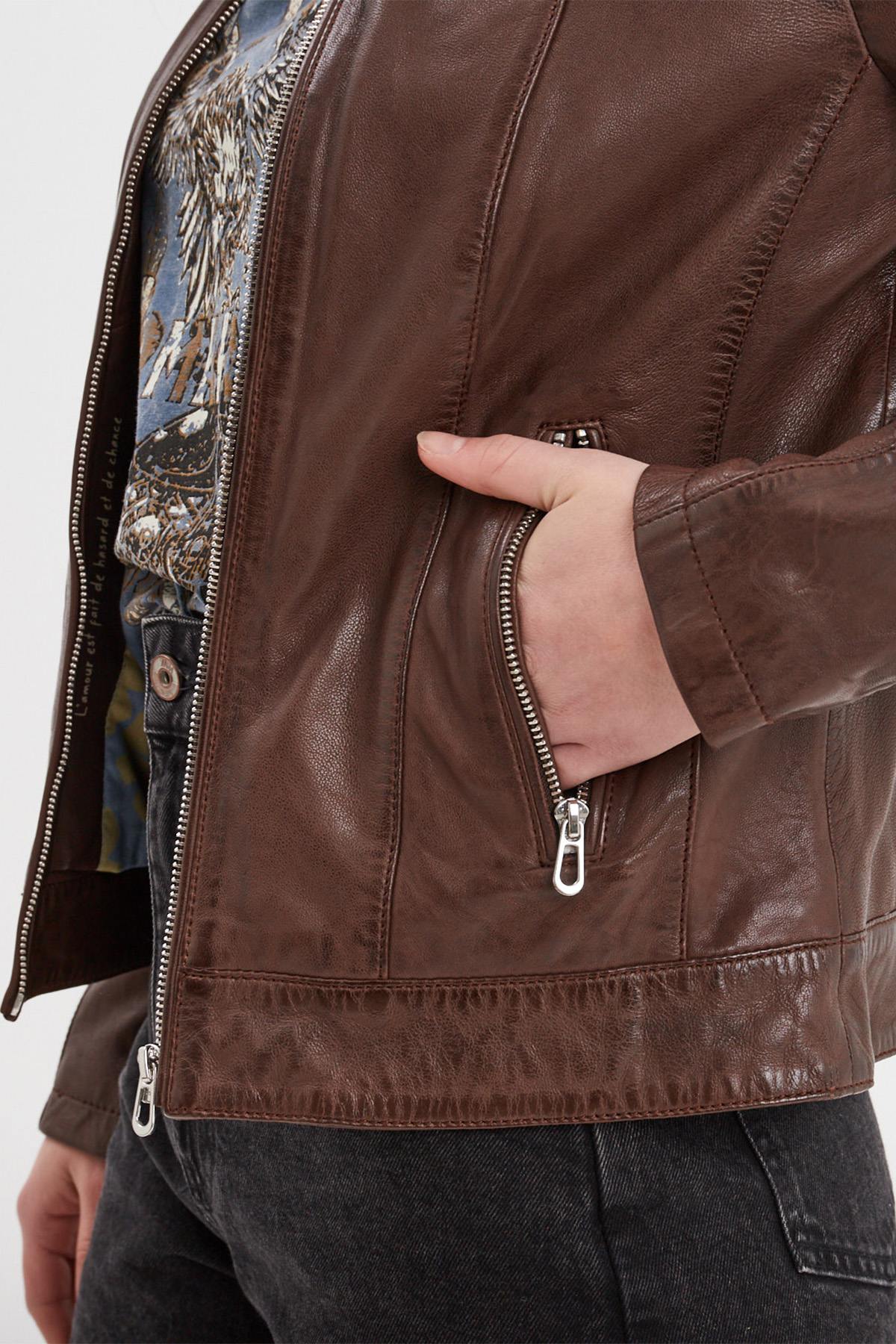 Leather jacket with biker collar, bison color, vegetable tanning - Image n°5