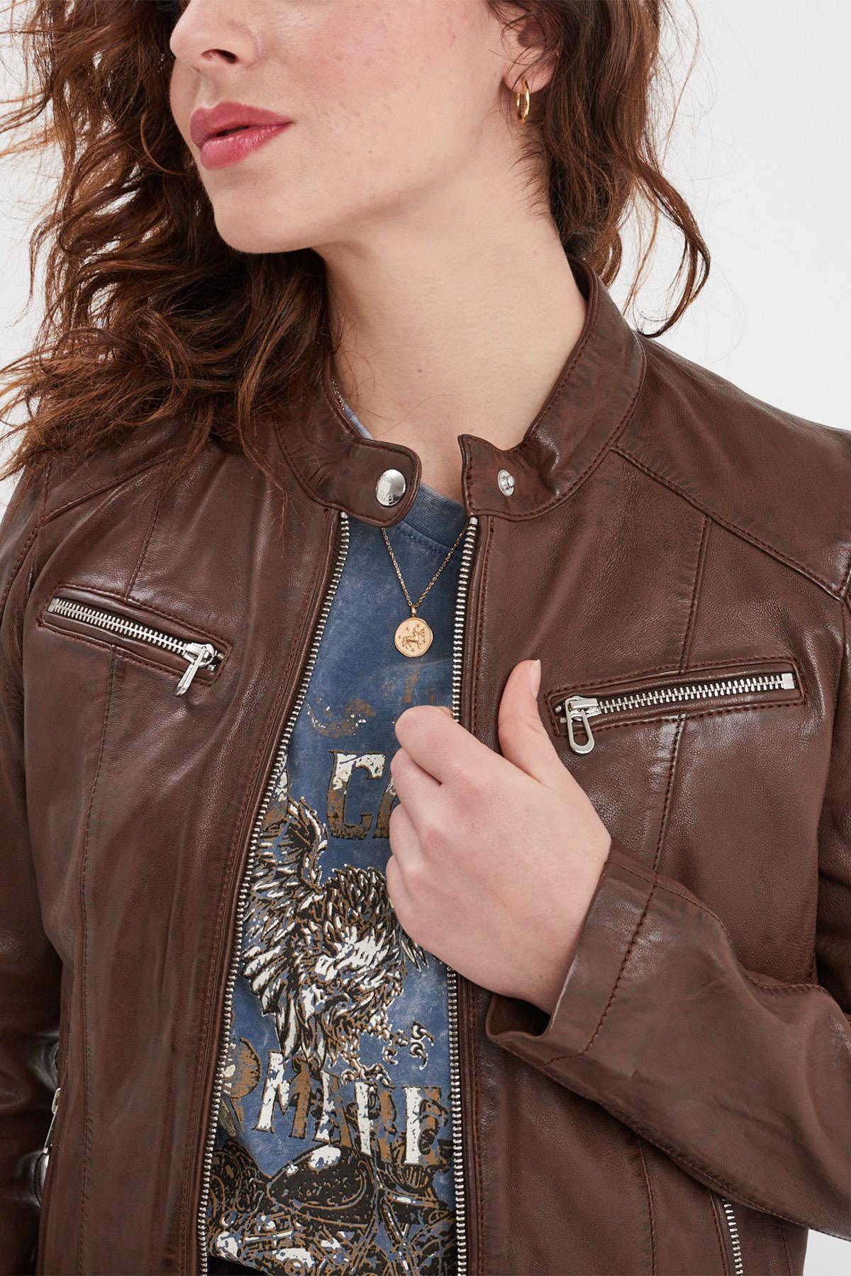 Leather jacket with biker collar, bison color, vegetable tanning - Image n°7