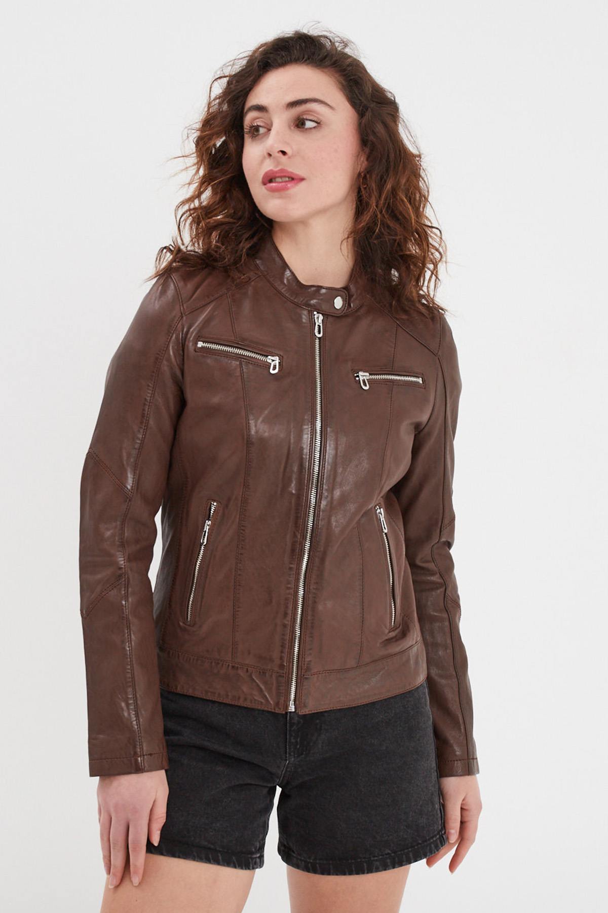 Leather jacket with biker collar, bison color, vegetable tanning - Image n°6