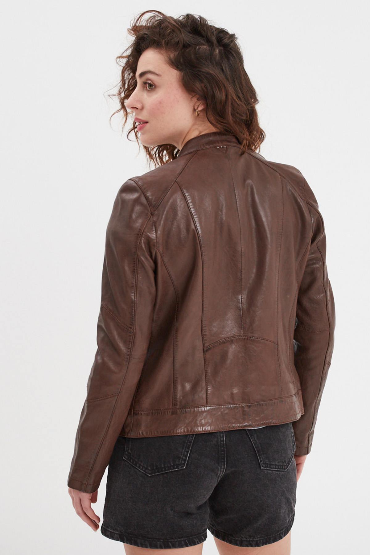 Leather jacket with biker collar, bison color, vegetable tanning - Image n°2