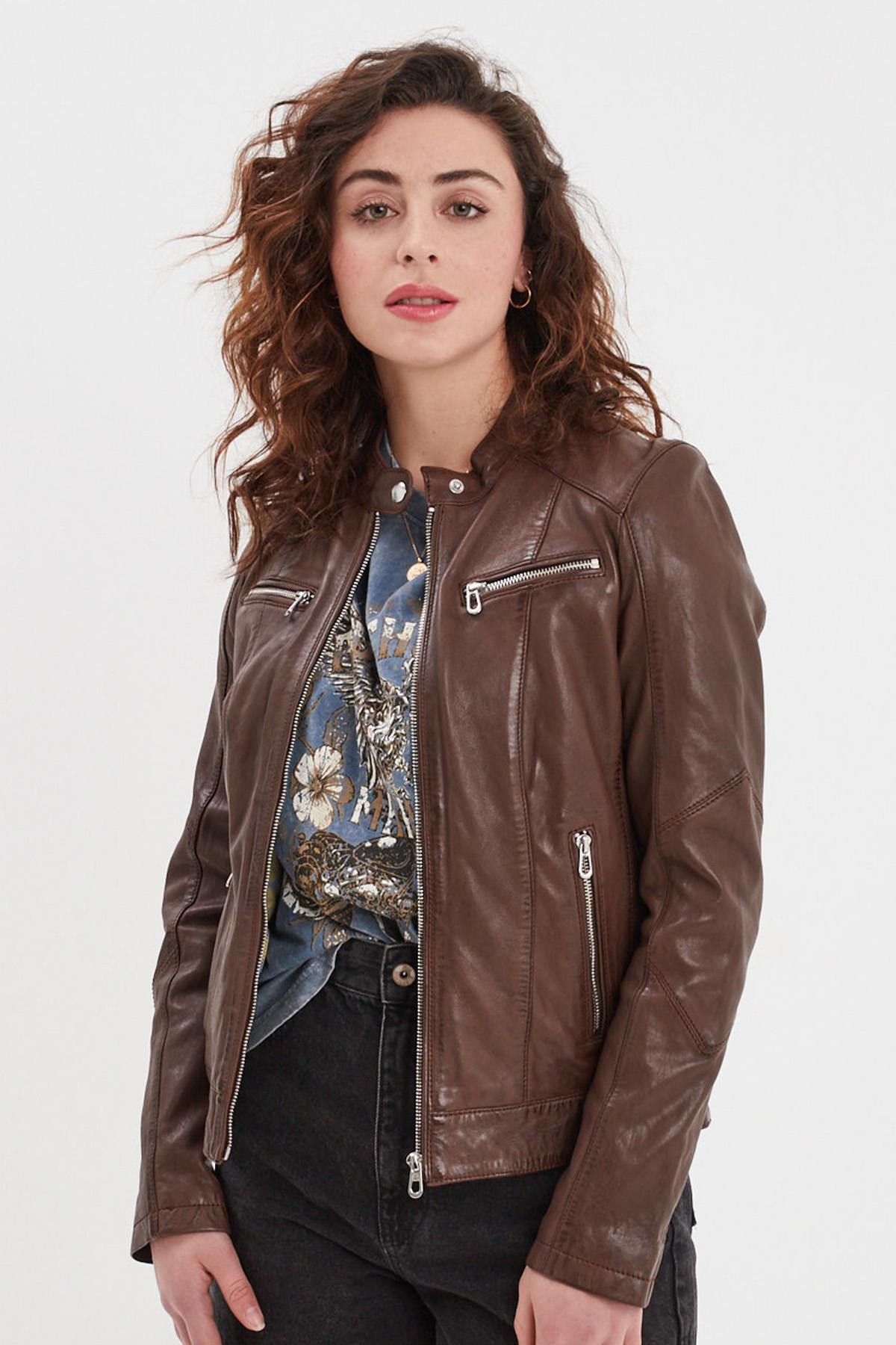 Leather jacket with biker collar, bison color, vegetable tanning - Image n°1