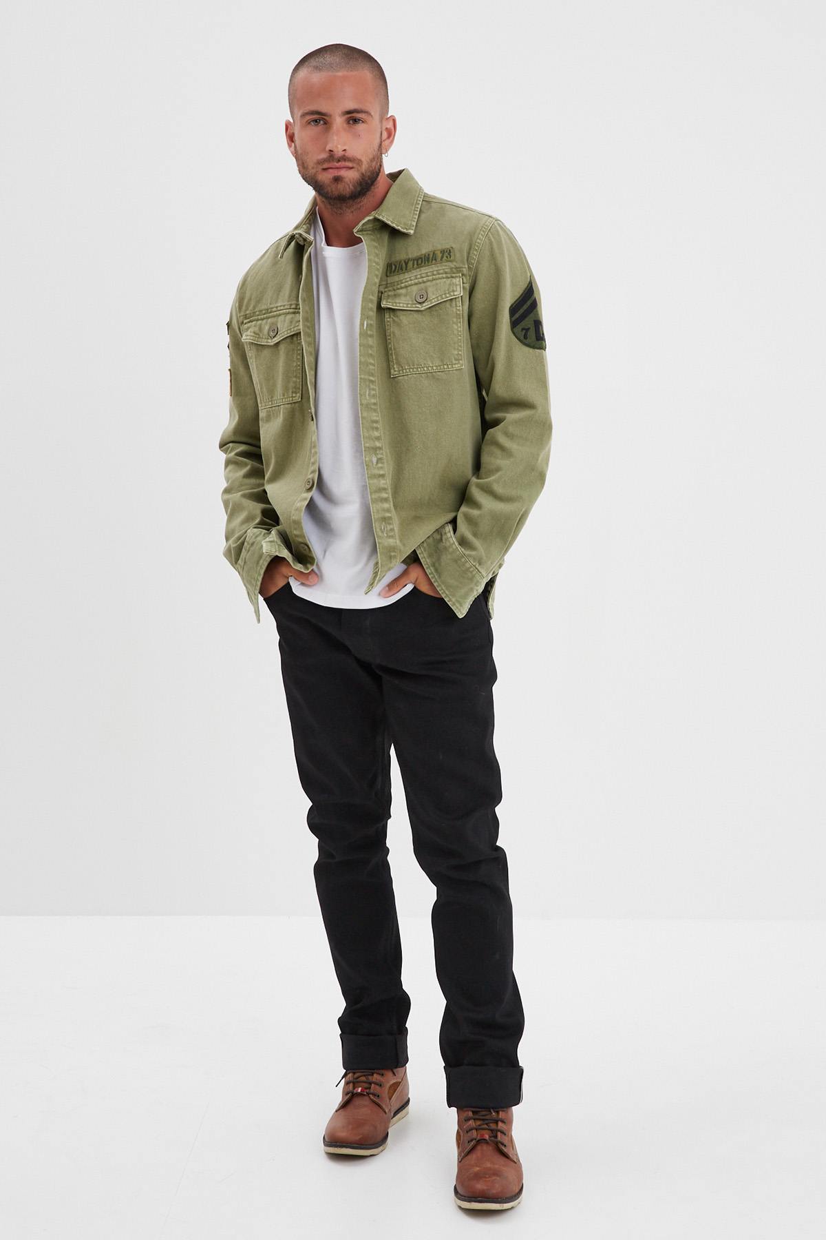 Sage green military style cotton shirt - Image n°4