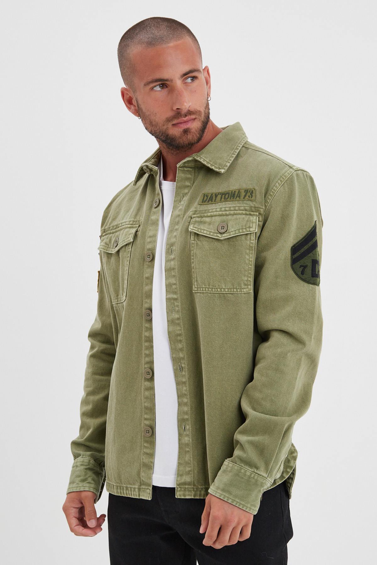 Sage green military style cotton shirt - Image n°1