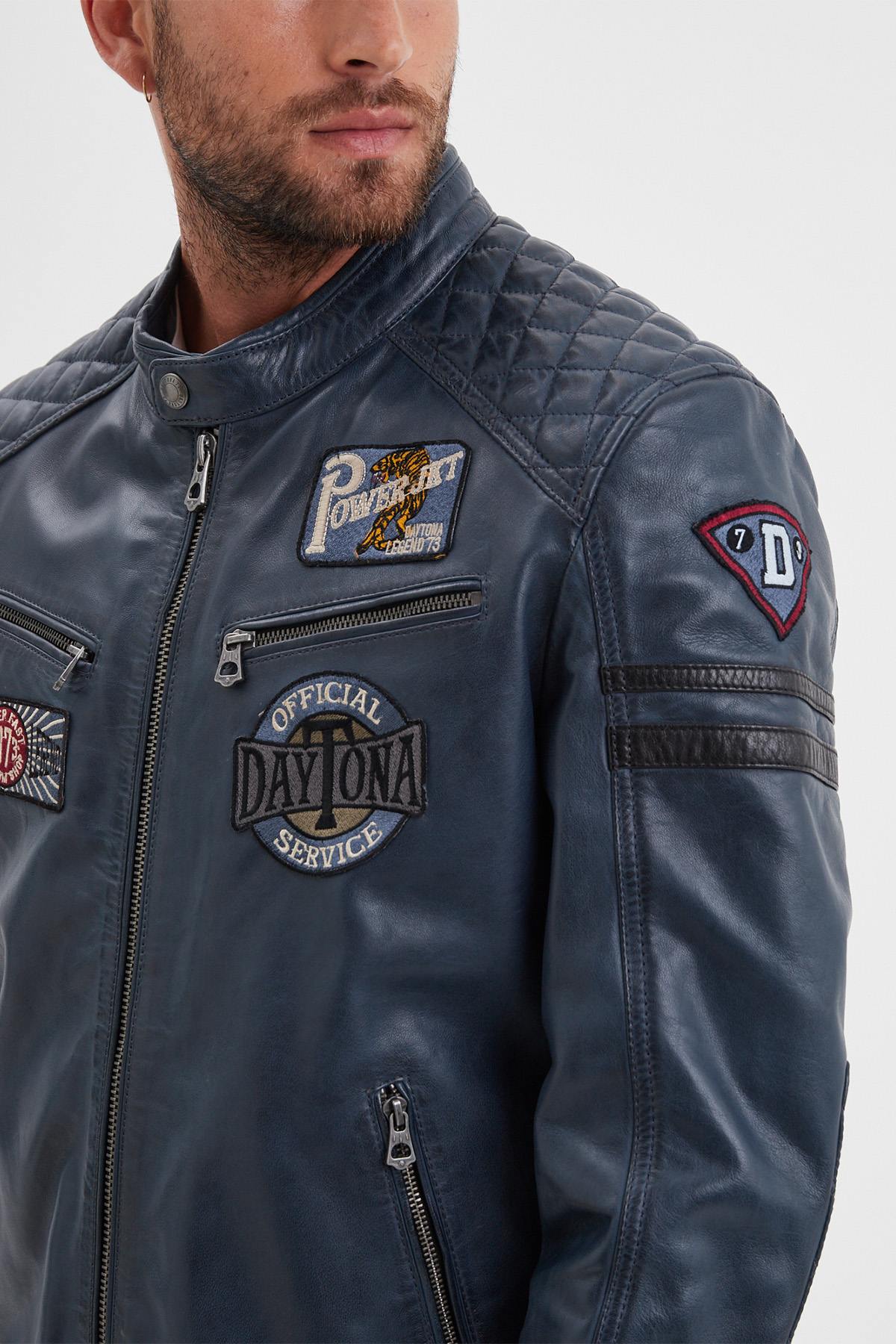 Blue racing leather jacket with vintage patches - Image n°7