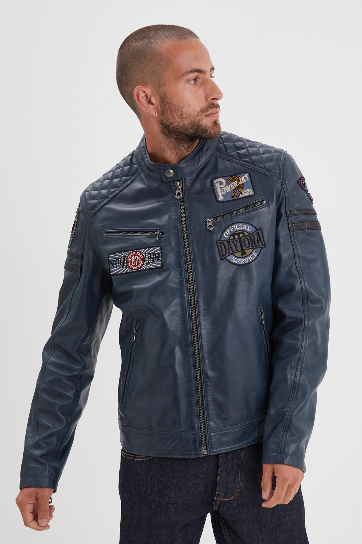 Blue racing leather jacket with vintage patches - Image n°1