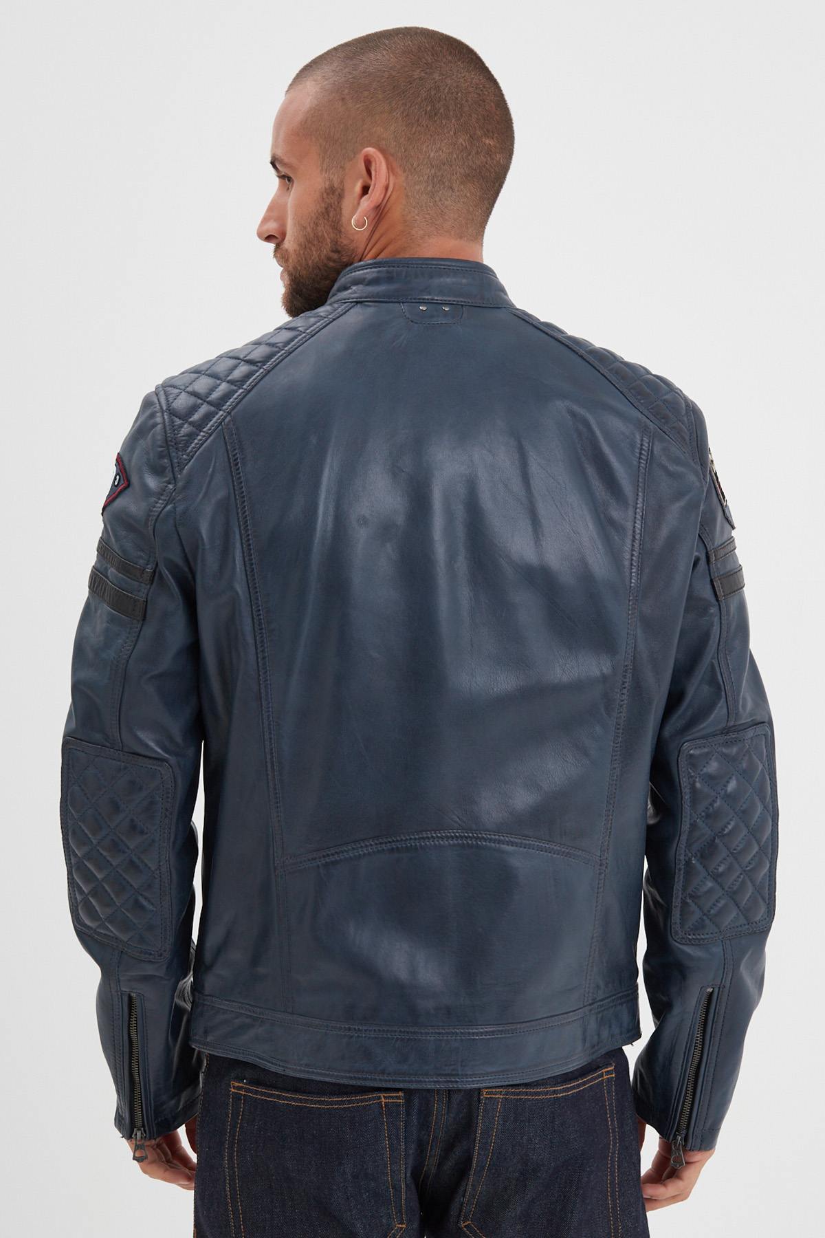 Blue racing leather jacket with vintage patches - Image n°3