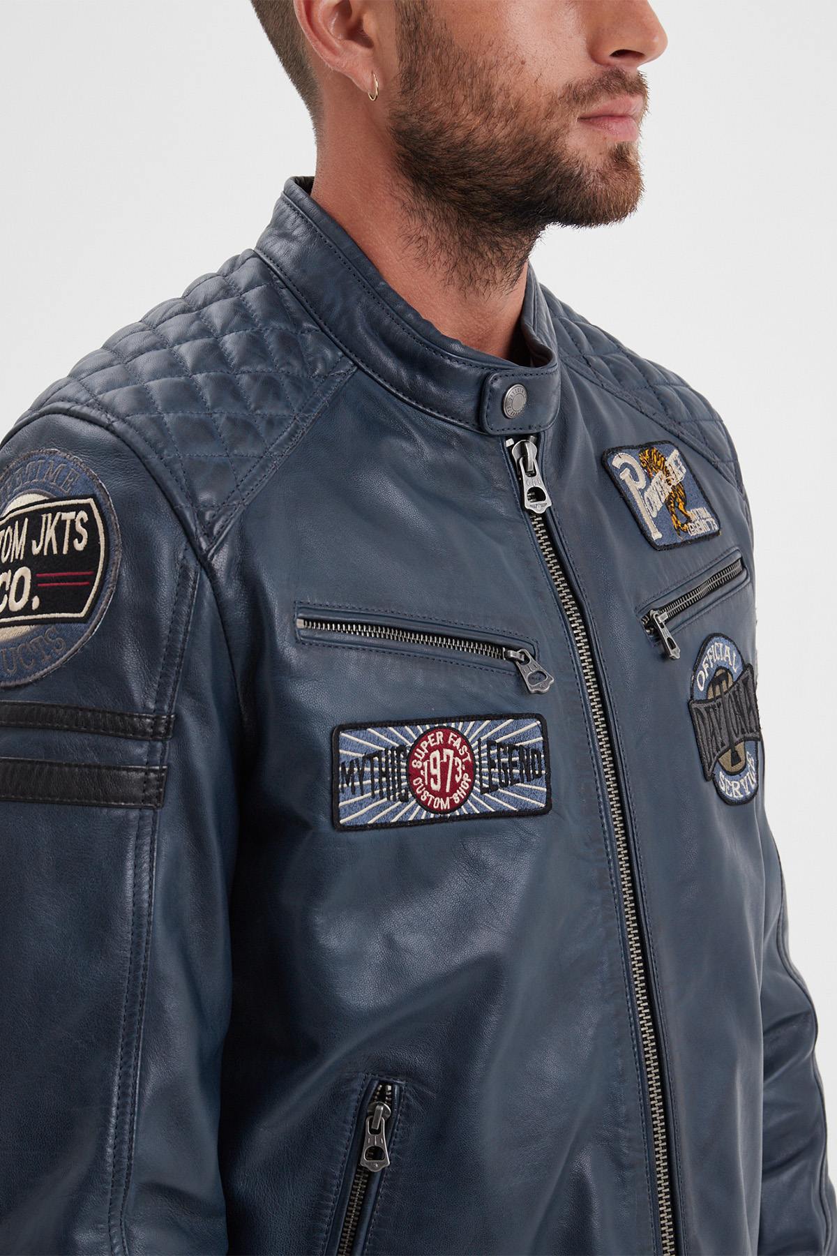 Blue racing leather jacket with vintage patches - Image n°2