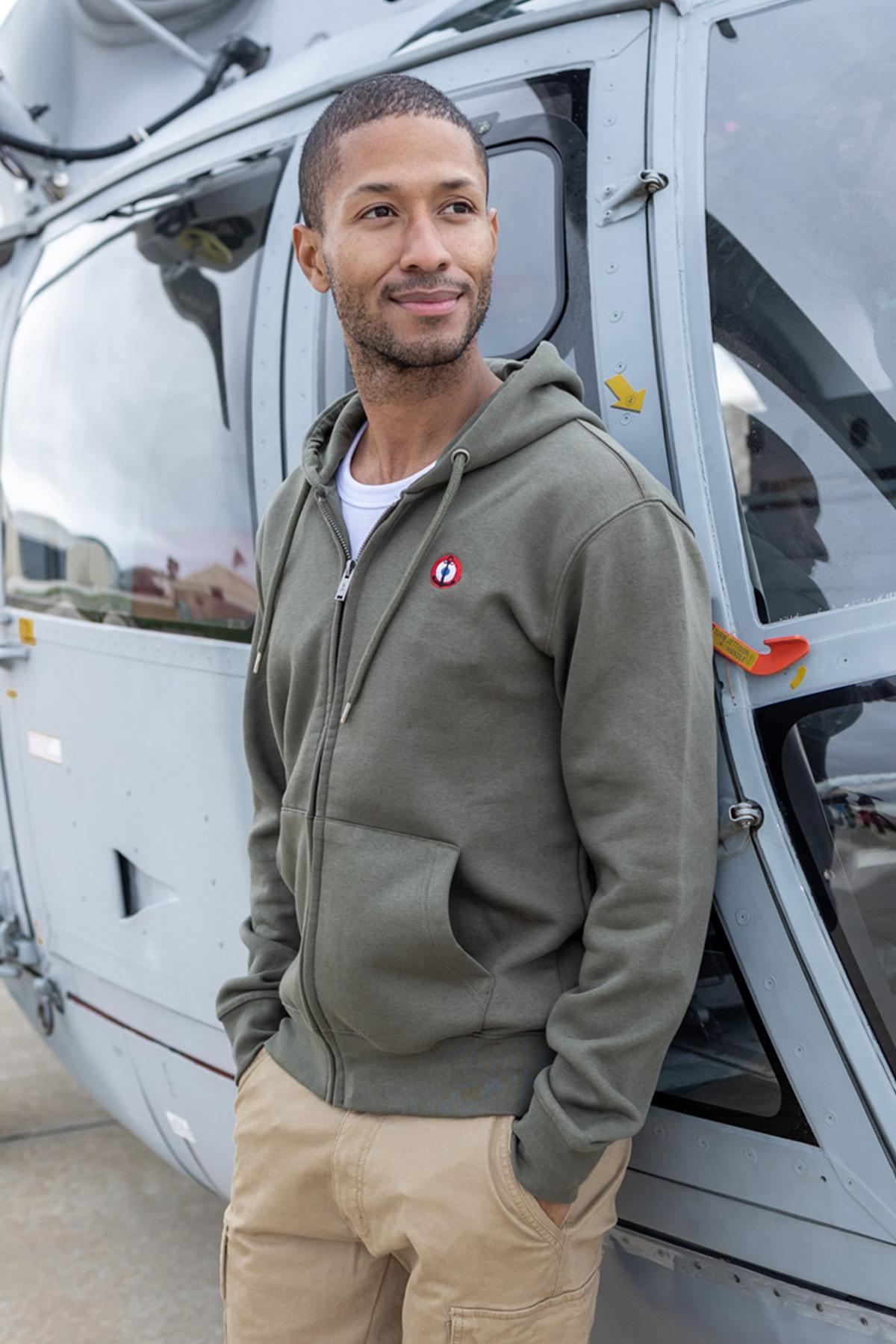 Khaki cotton zipped hooded sweatshirt with embroidered cockade - Image n°1