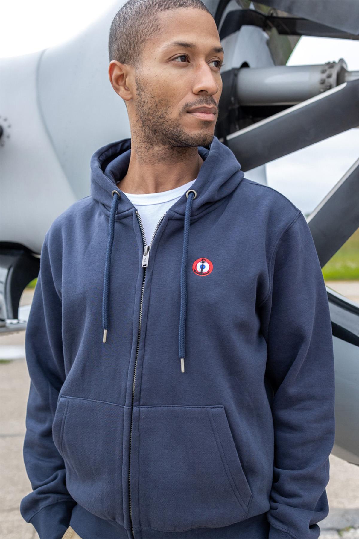 Navy blue hooded zipped sweatshirt with cockade embroidery - Image n°1