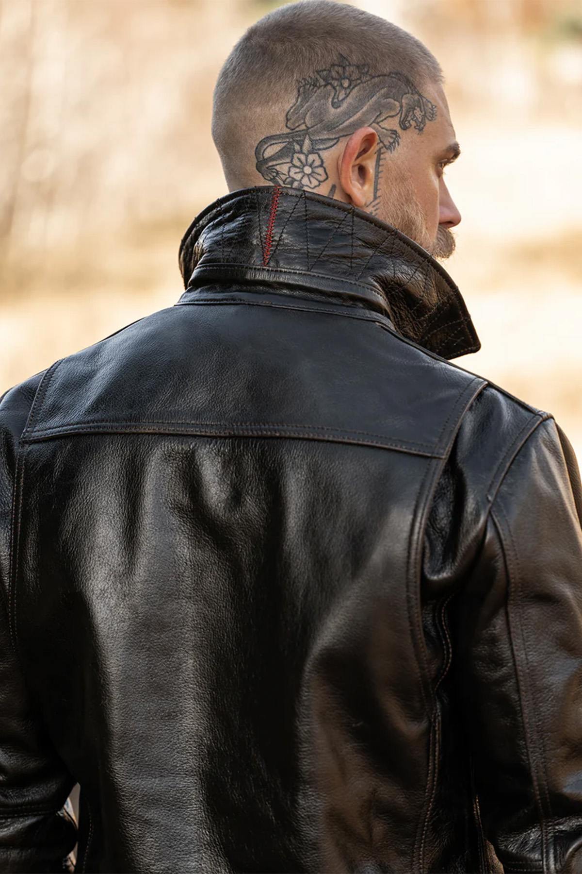 Black leather worker jacket with shirt collar - Image n°2