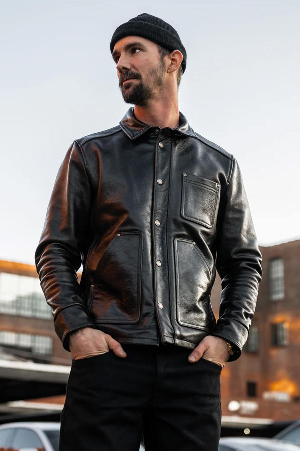 Black leather worker jacket with shirt collar - Image n°7