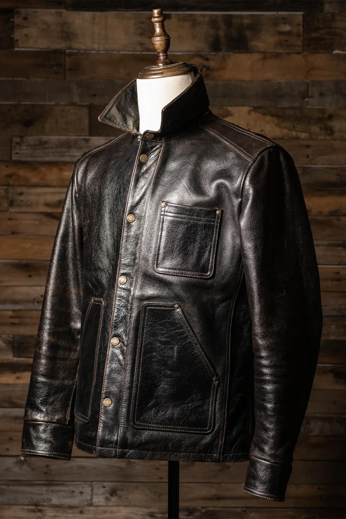 Black leather worker jacket with shirt collar - Image n°4