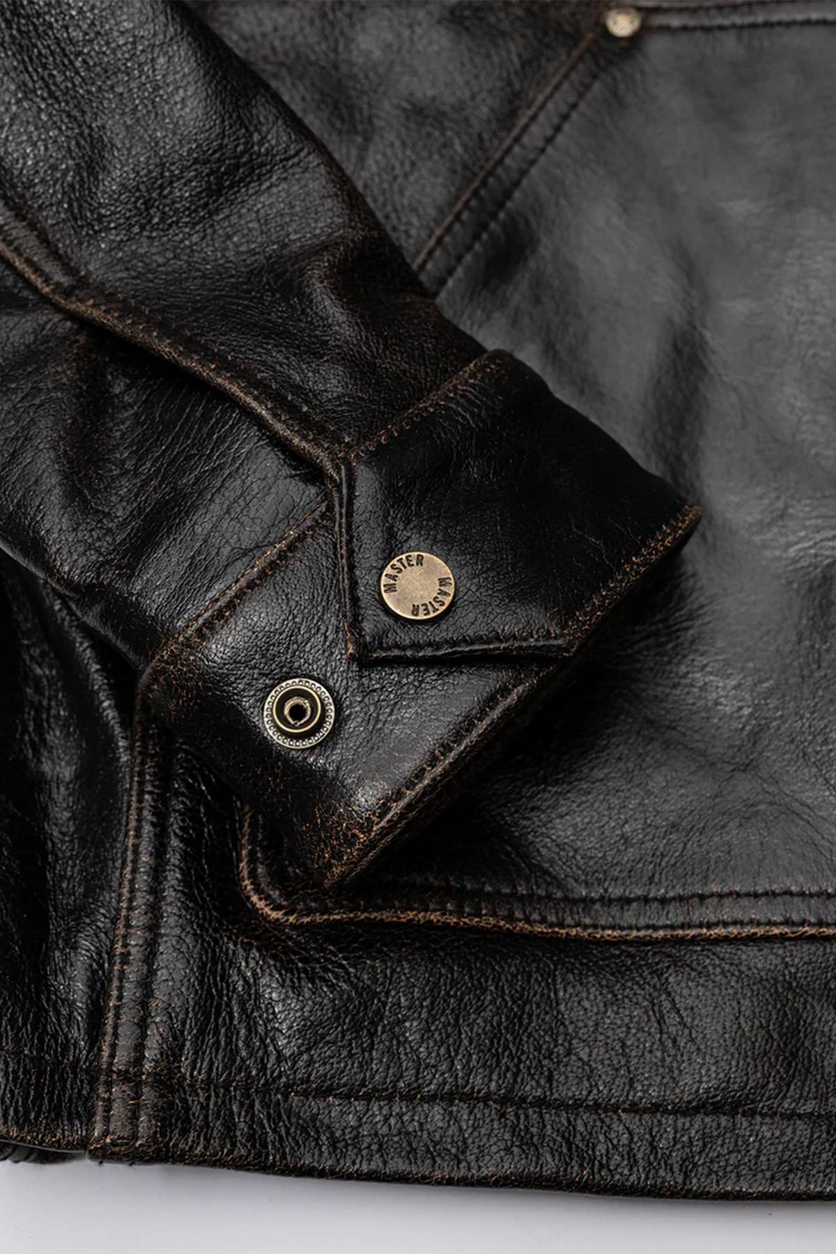 Black leather worker jacket with shirt collar - Image n°11