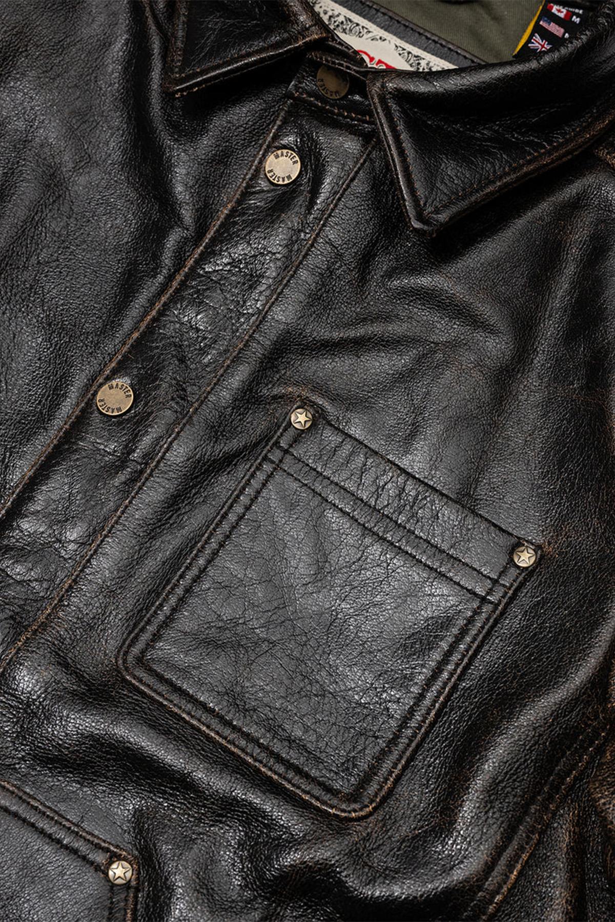 Black leather worker jacket with shirt collar - Image n°9