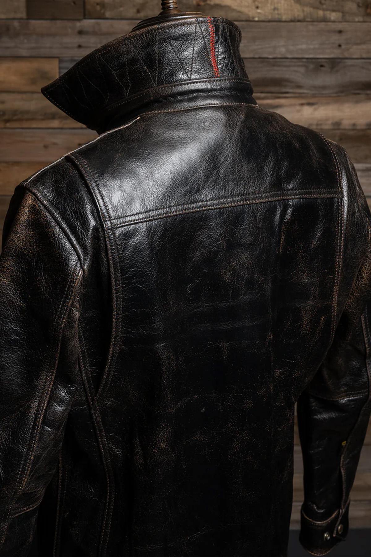 Black leather worker jacket with shirt collar - Image n°5