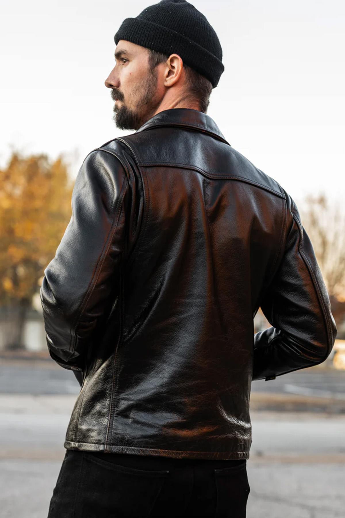 Black leather worker jacket with shirt collar - Image n°8