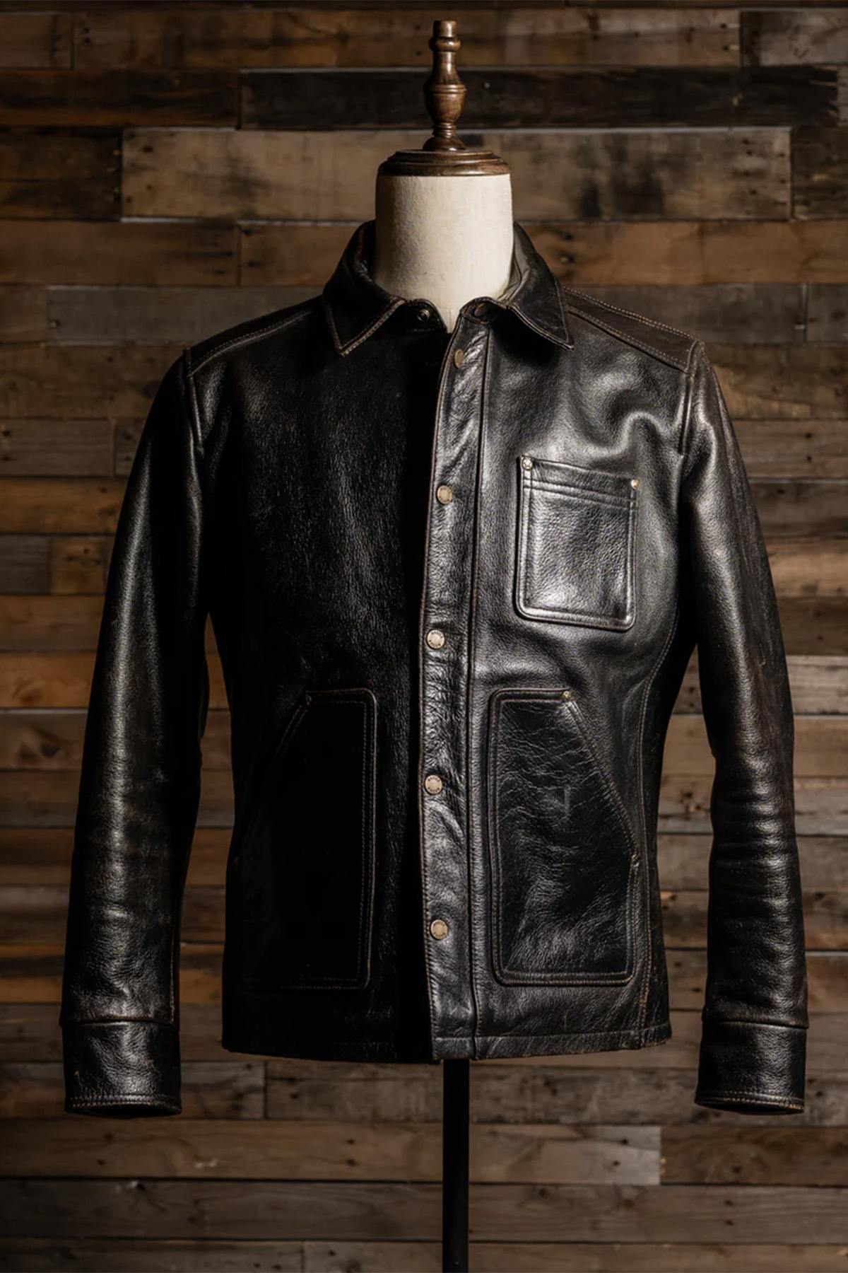 Black leather worker jacket with shirt collar - Image n°3