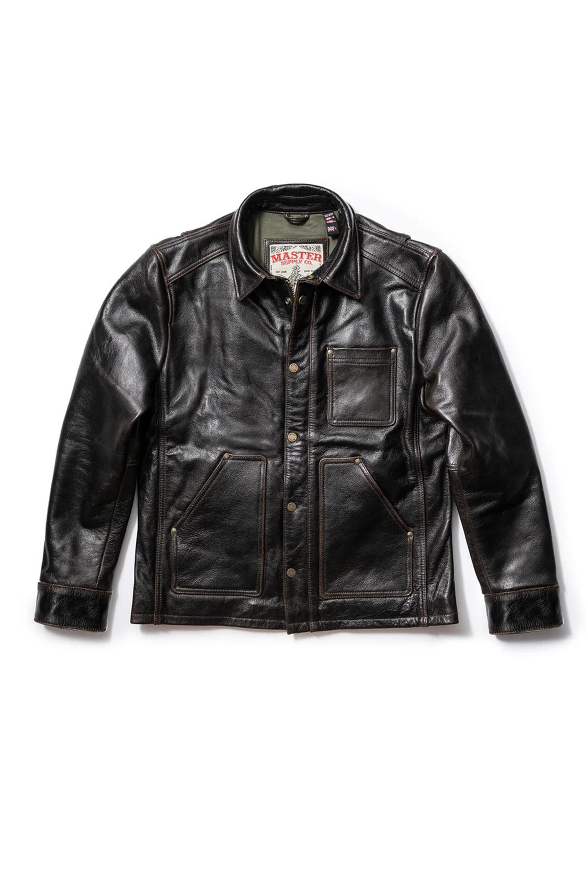 Black leather worker jacket with shirt collar - Image n°14