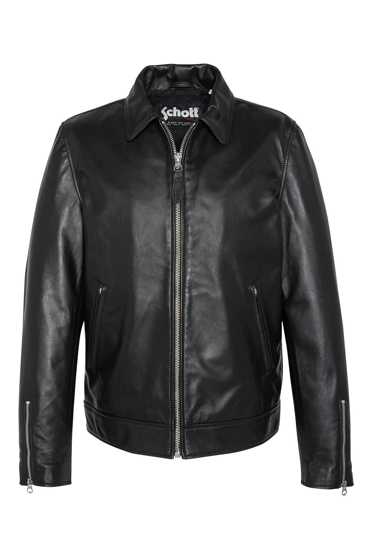 Black leather jacket with shirt collar - Image n°1