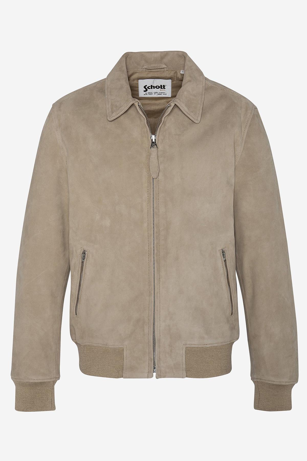 Beige suede leather jacket with shirt collar - Image n°1