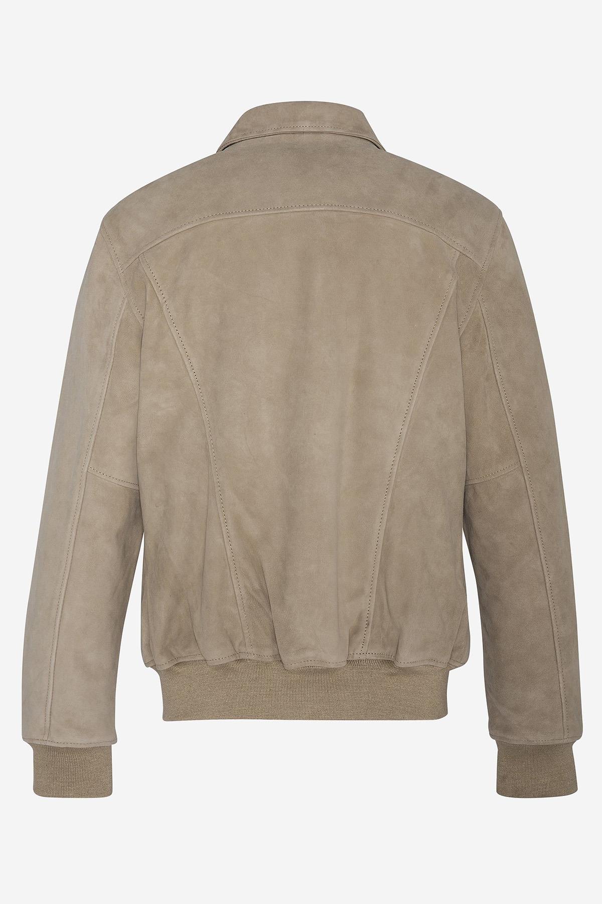 Beige suede leather jacket with shirt collar - Image n°2