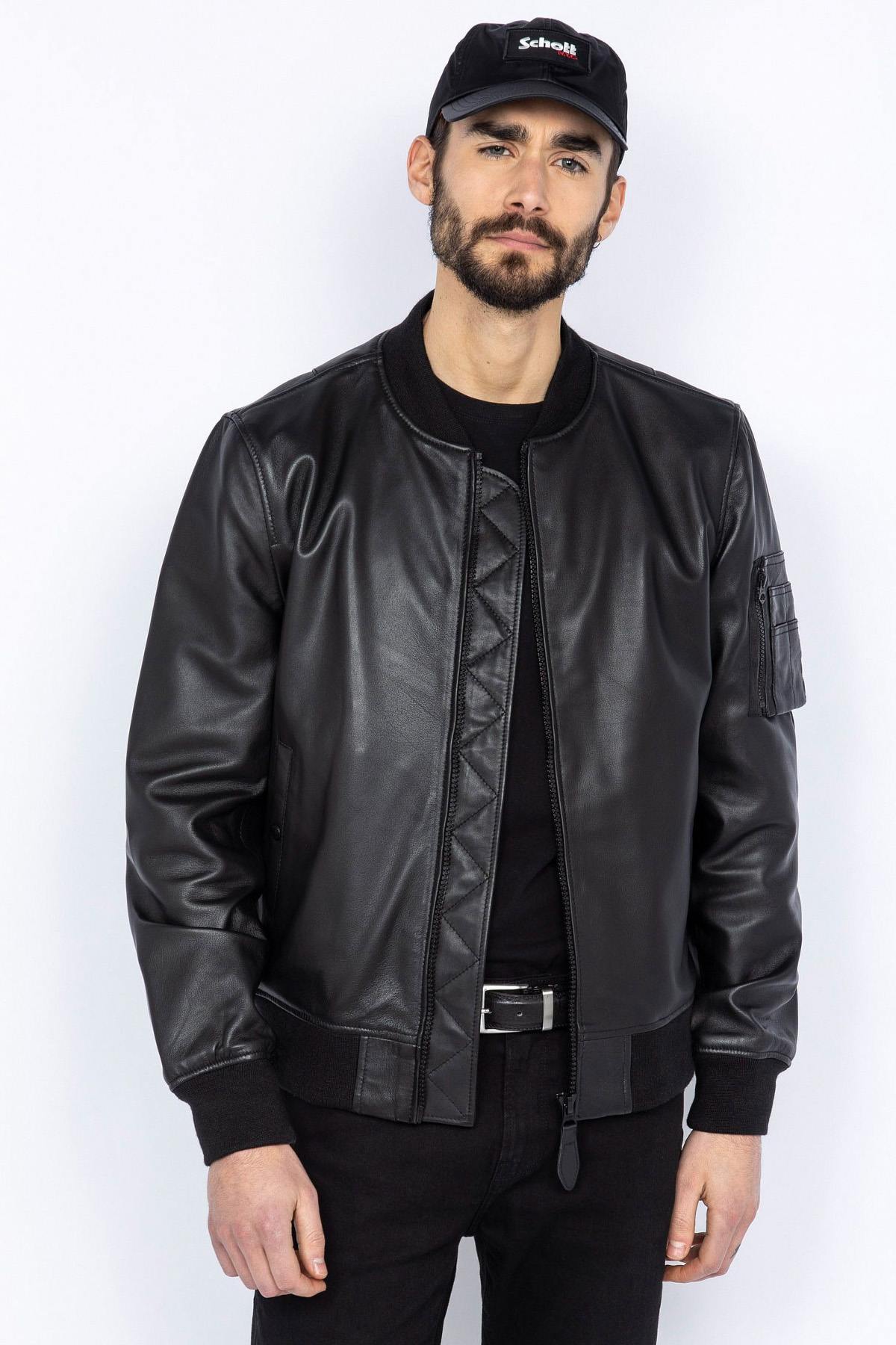 Black leather bomber jacket - Image n°1