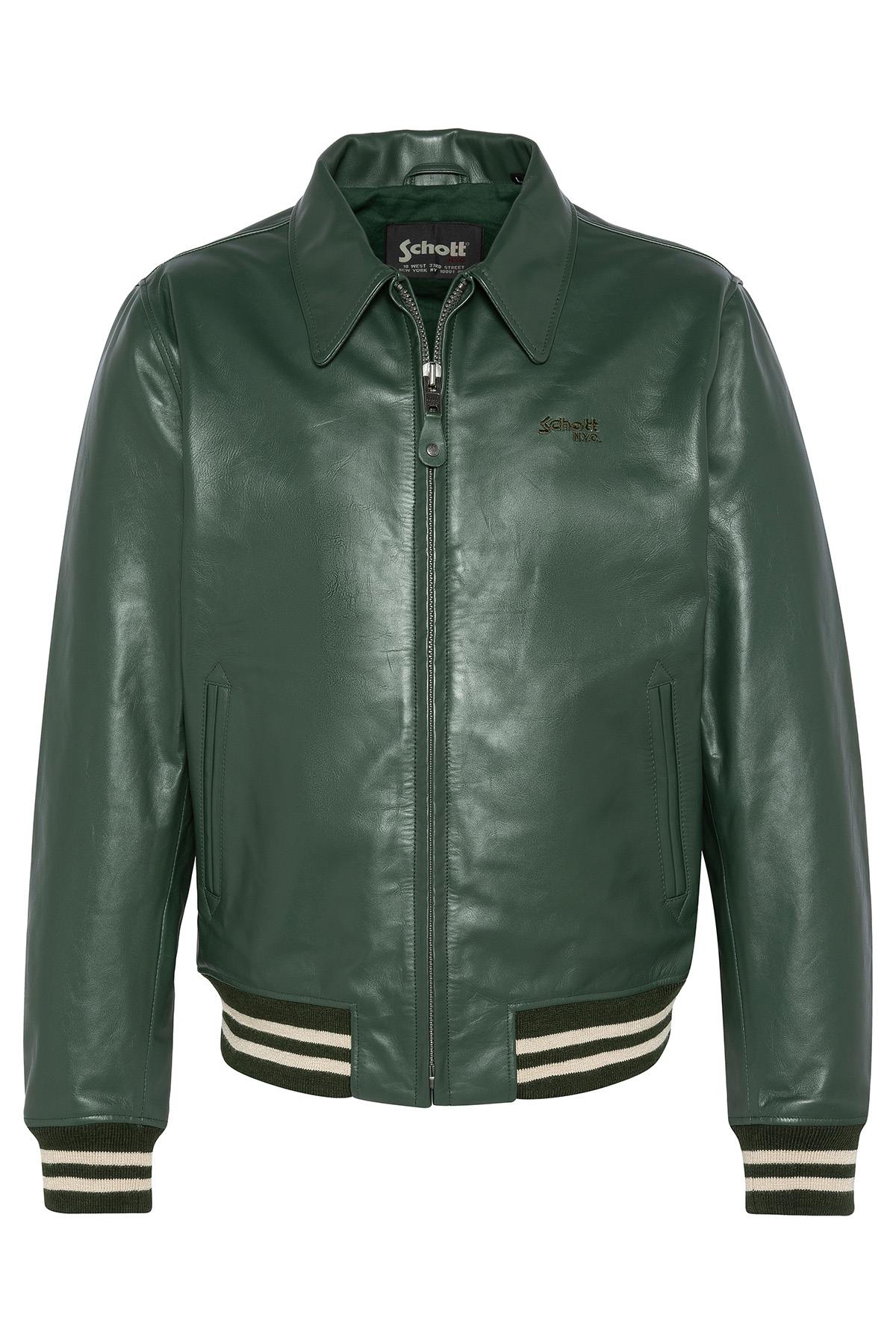 Green leather teddy jacket with shirt collar - Image n°1