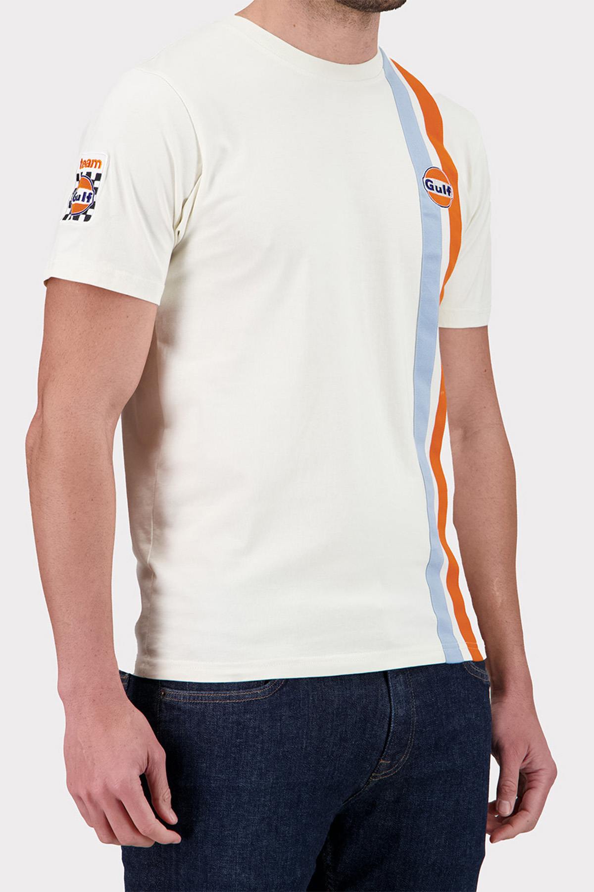 Ecru T-shirt with blue and orange racing stripes - Image n°4