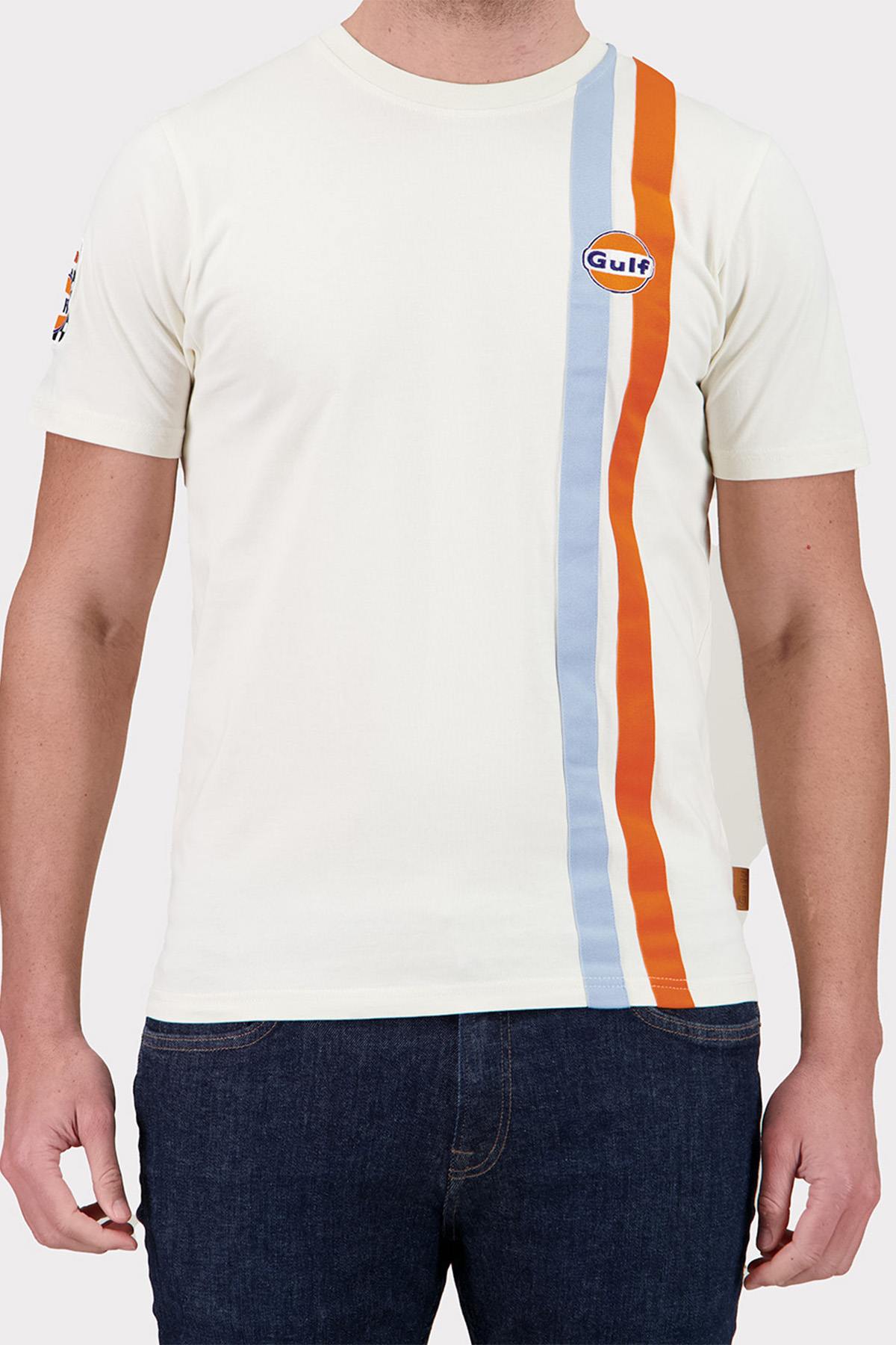 Ecru T-shirt with blue and orange racing stripes - Image n°2