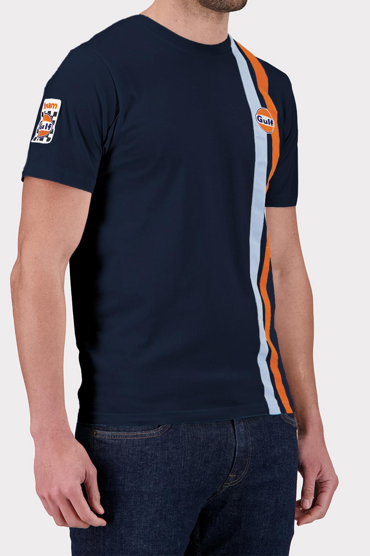 Navy blue t-shirt with blue and orange racing stripes - Image n°3