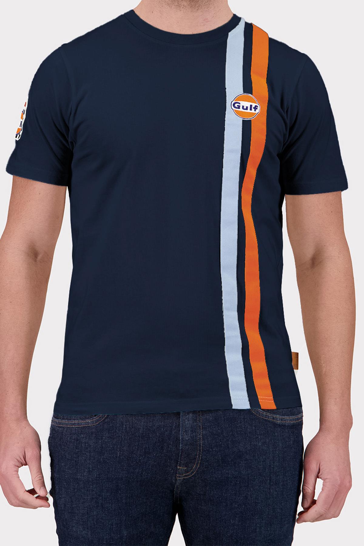 Navy blue t-shirt with blue and orange racing stripes - Image n°1