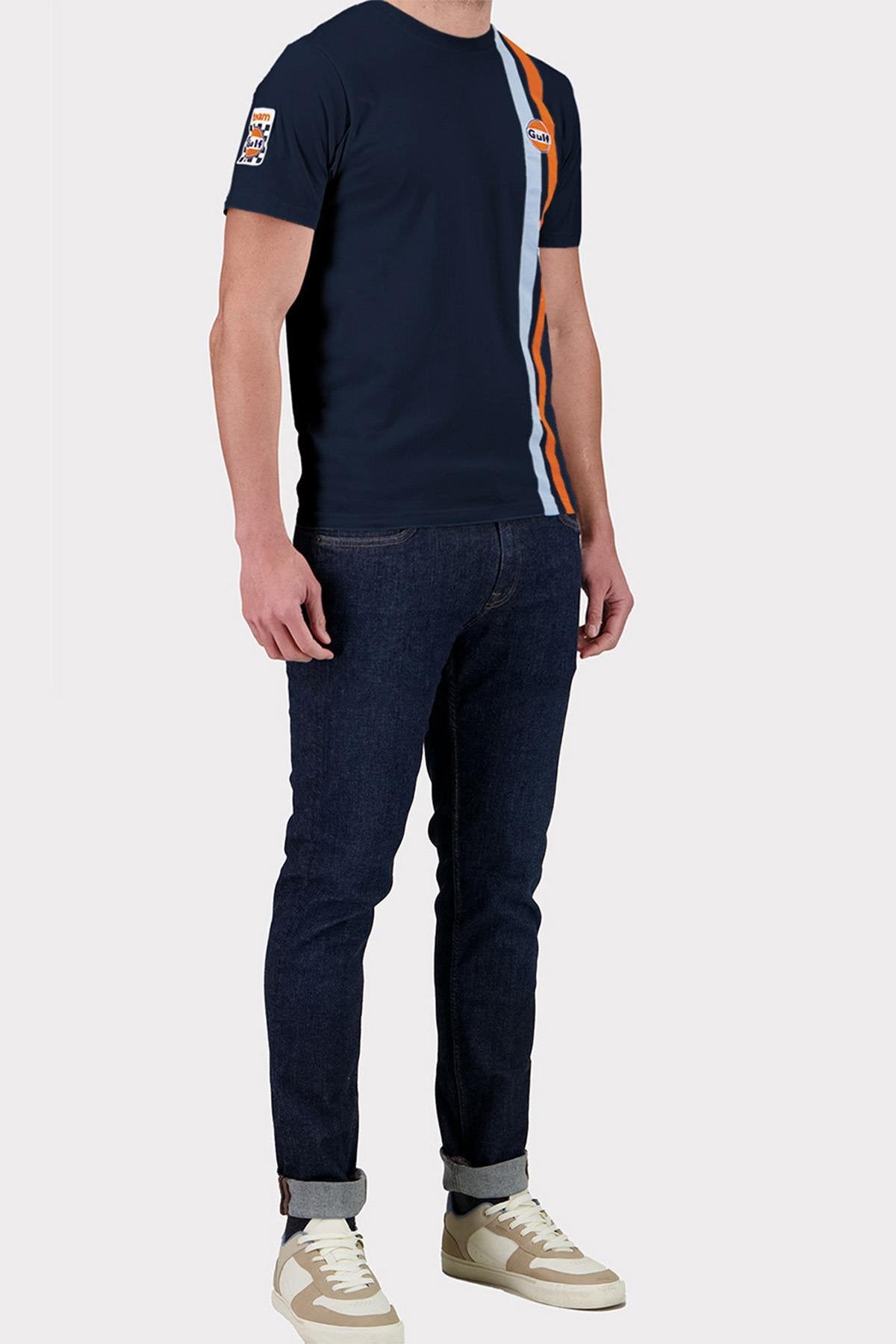 Navy blue t-shirt with blue and orange racing stripes - Image n°2