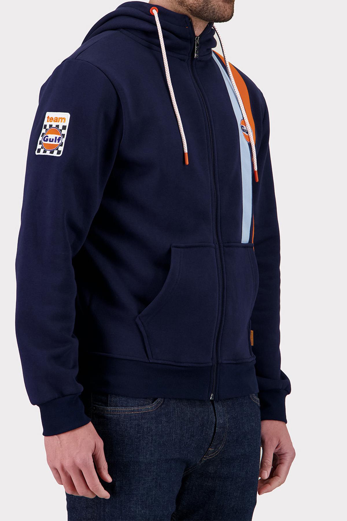 Navy blue hooded zip-up sweatshirt with racing stripes - Image n°4