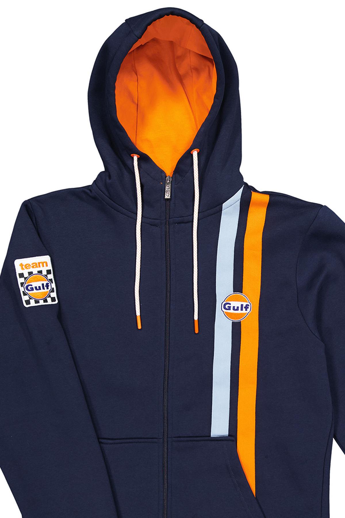 Navy blue hooded zip-up sweatshirt with racing stripes - Image n°5