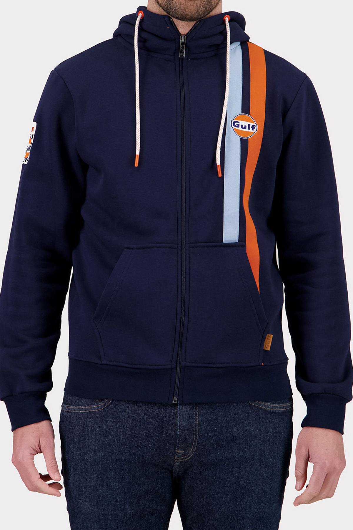 Navy blue hooded zip-up sweatshirt with racing stripes - Image n°2