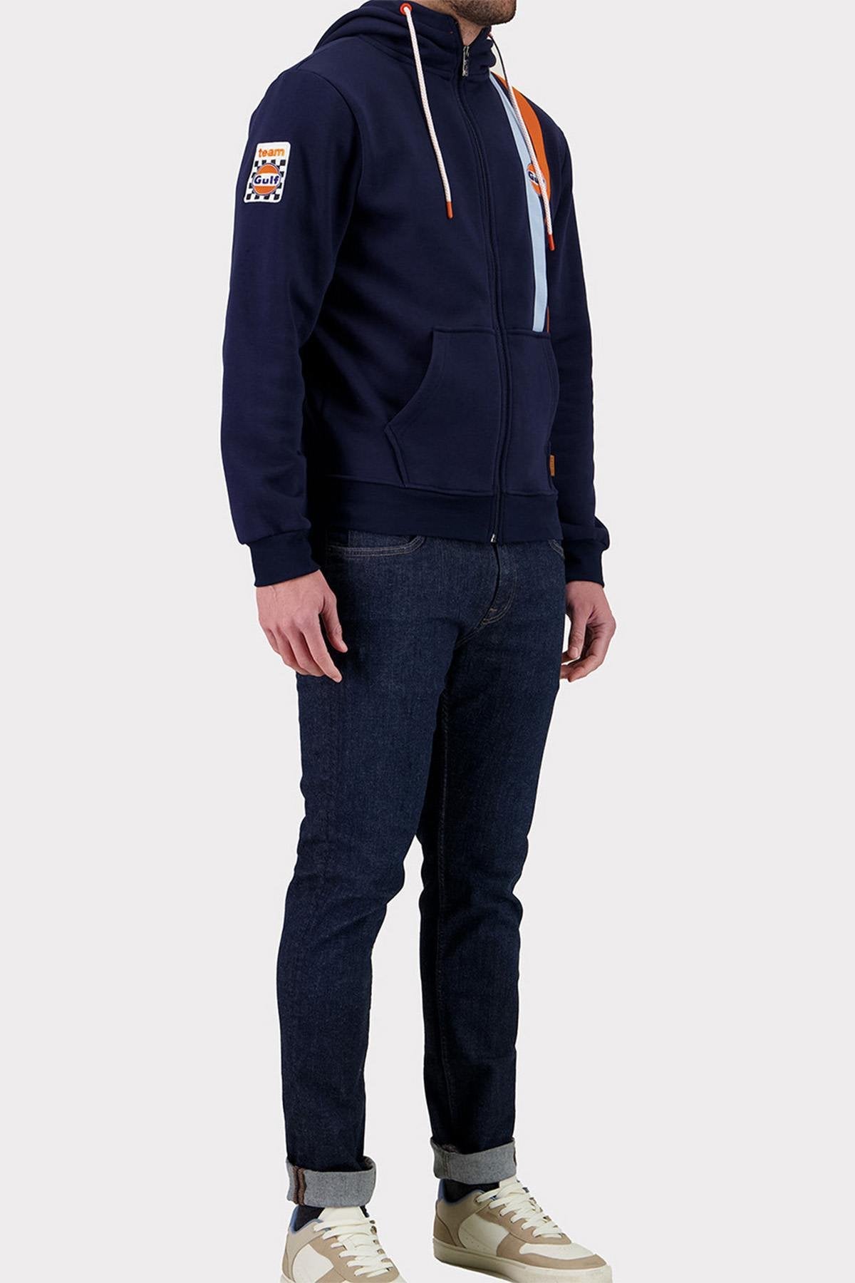 Navy blue hooded zip-up sweatshirt with racing stripes - Image n°3