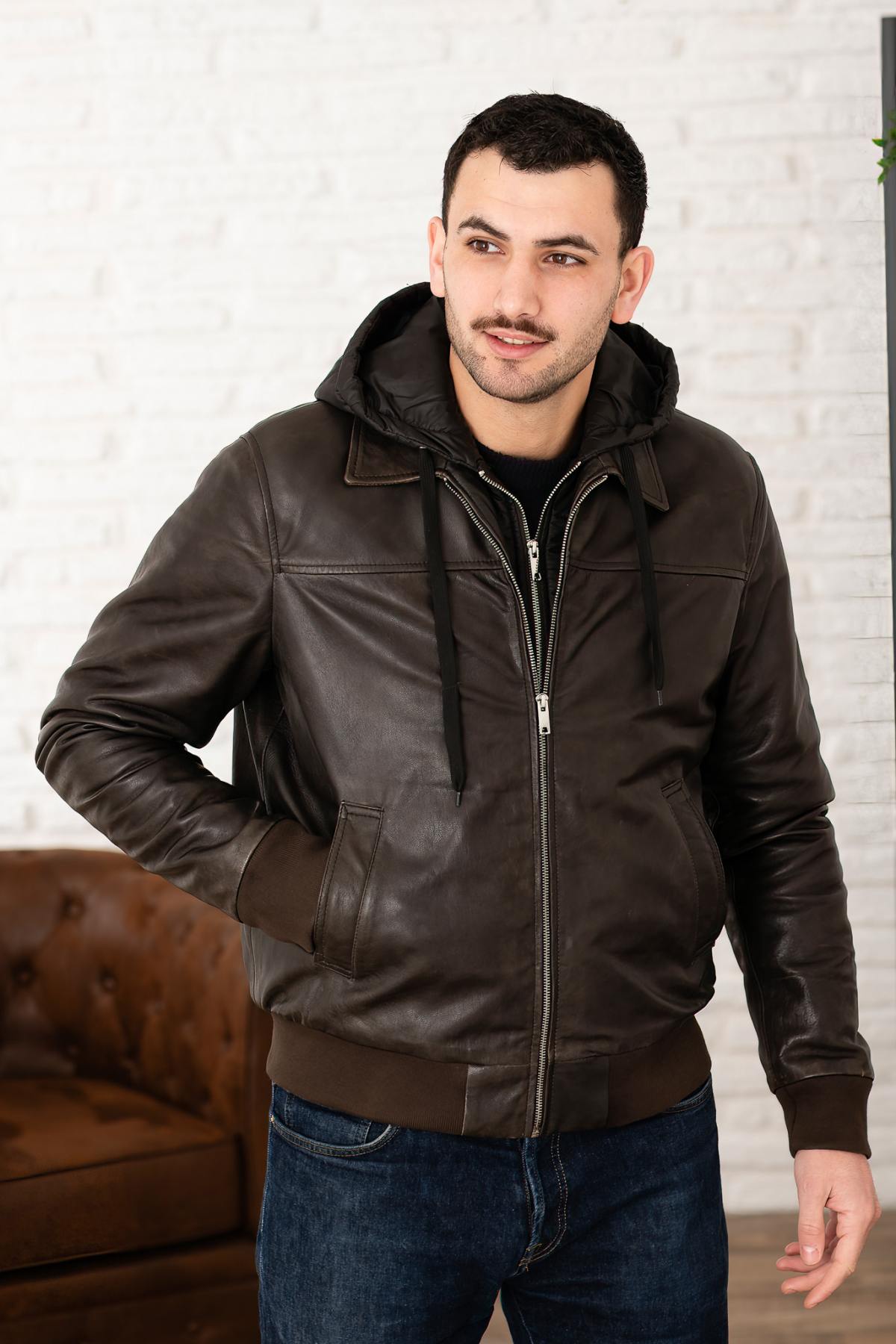 Leather jacket with shirt collar and removable hood - Image n°2