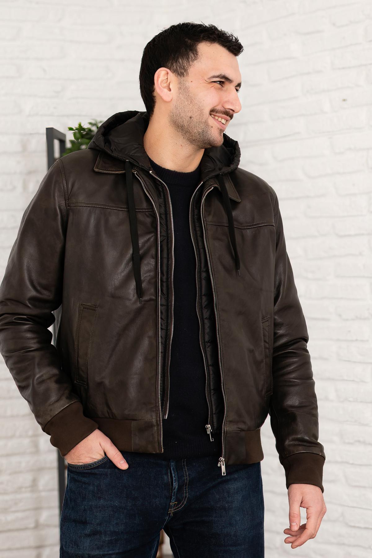 Leather jacket with shirt collar and removable hood - Image n°6