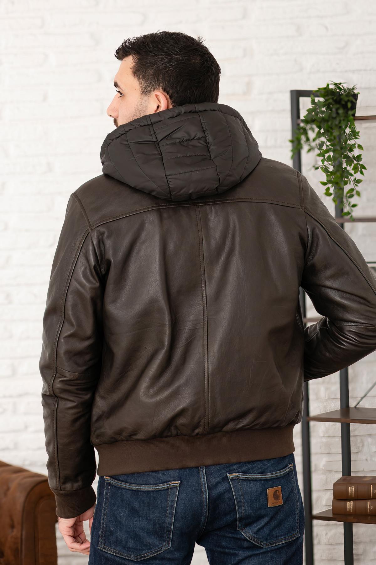 Leather jacket with shirt collar and removable hood - Image n°5