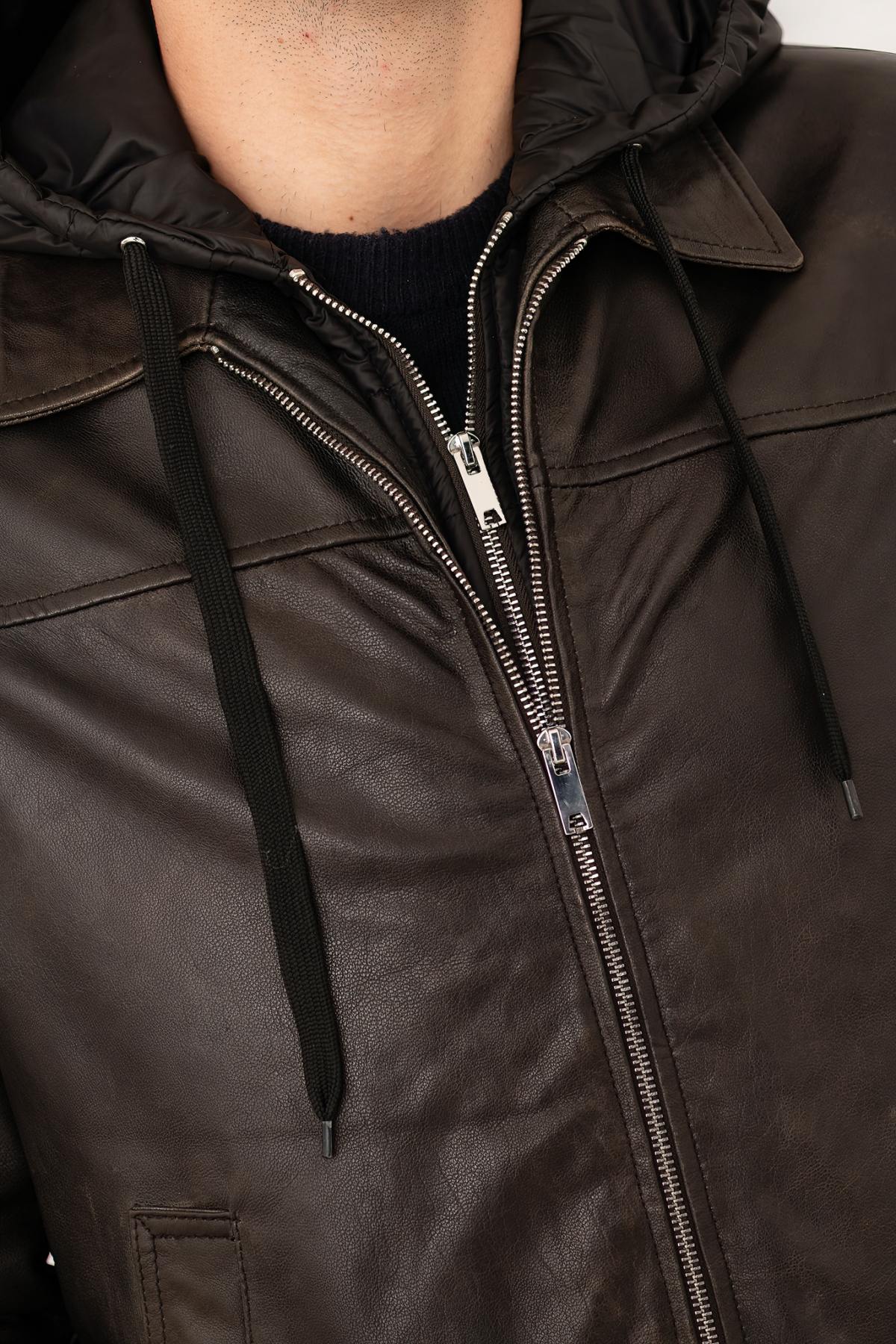 Leather jacket with shirt collar and removable hood - Image n°3