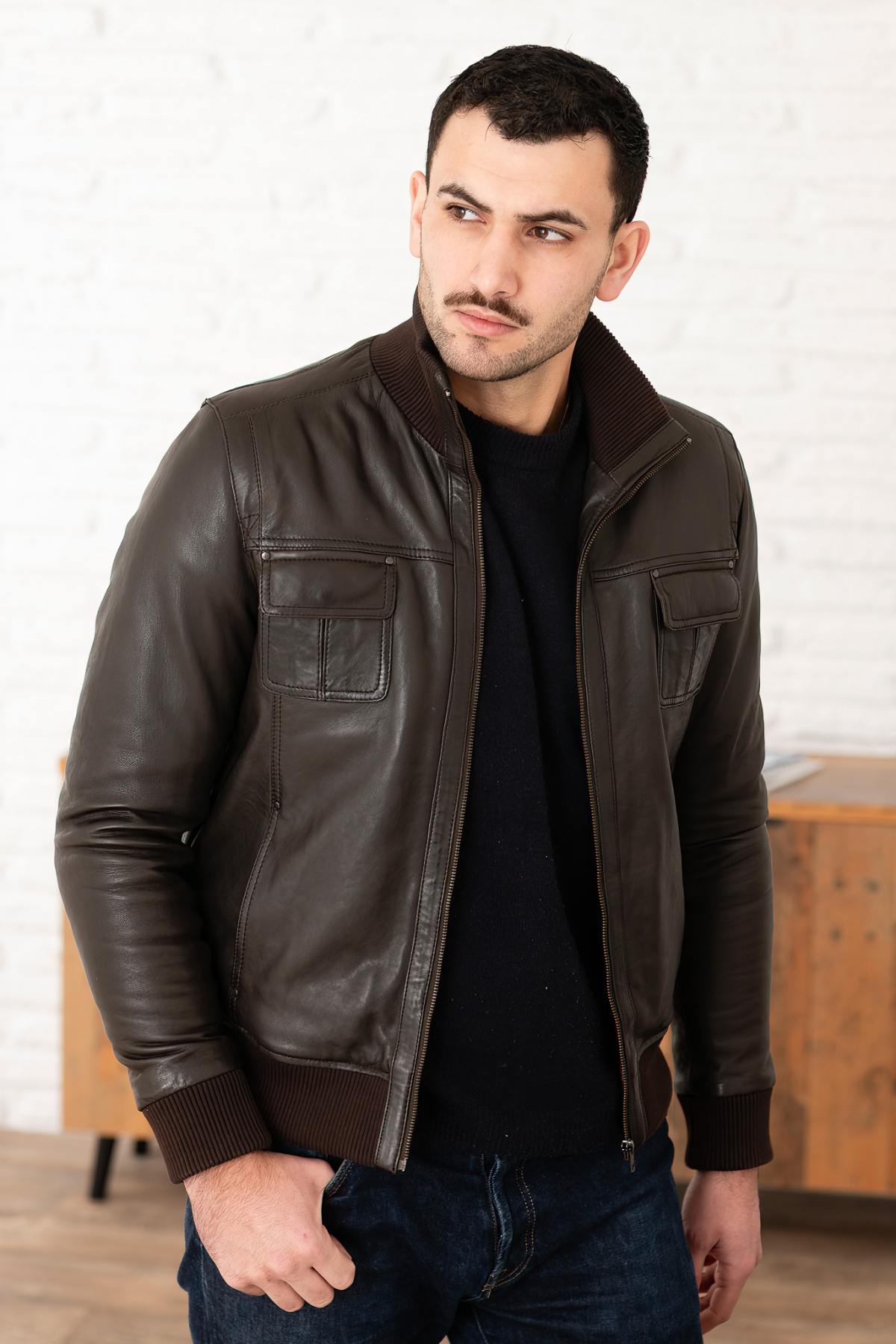 Brown leather jacket with stand-up collar - Image n°5