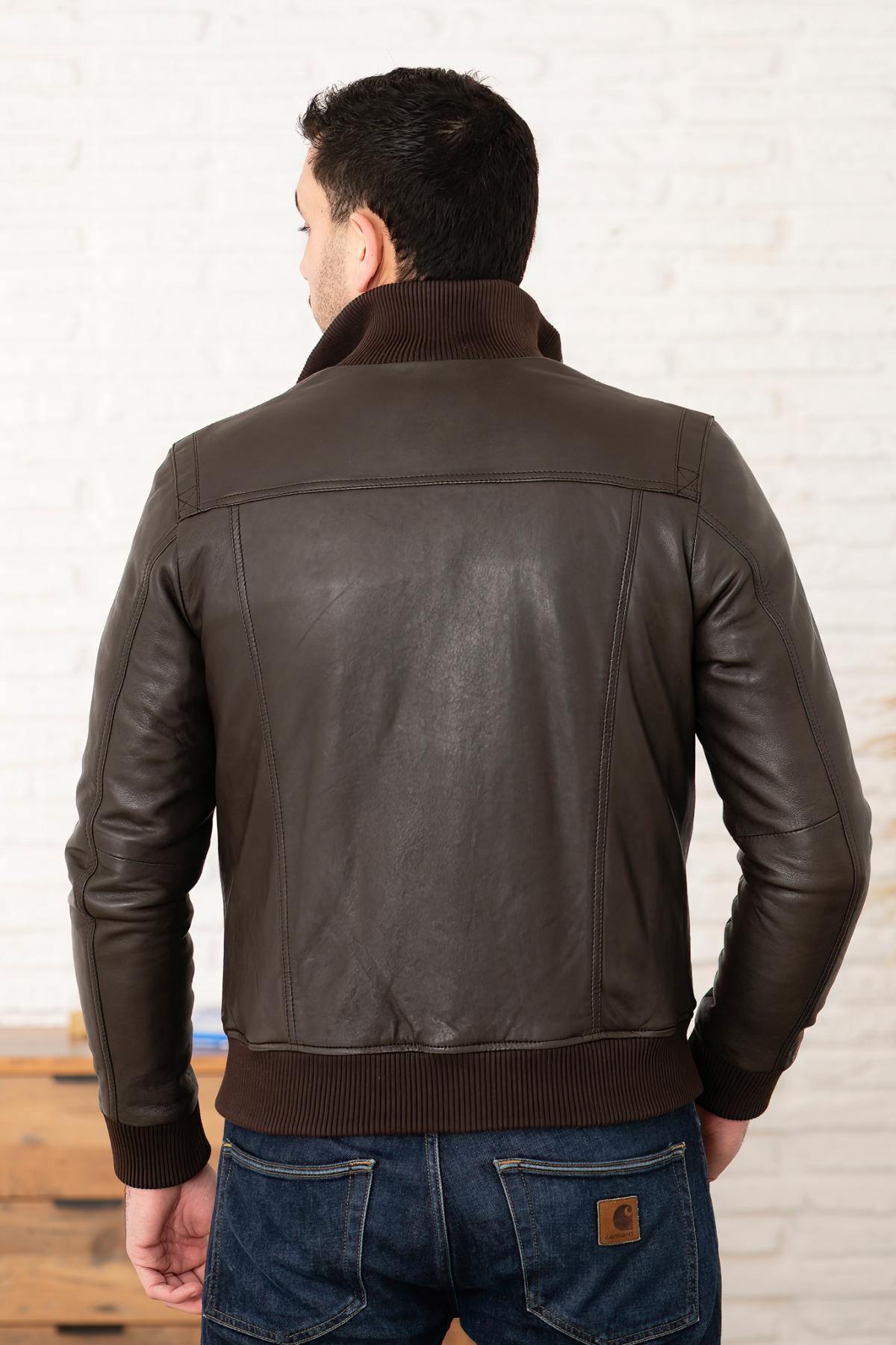 Brown leather jacket with stand-up collar - Image n°2