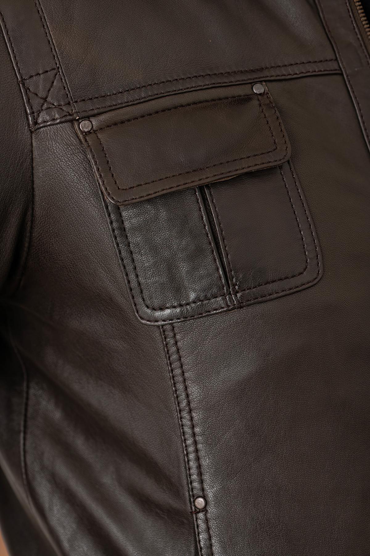 Brown leather jacket with stand-up collar - Image n°4