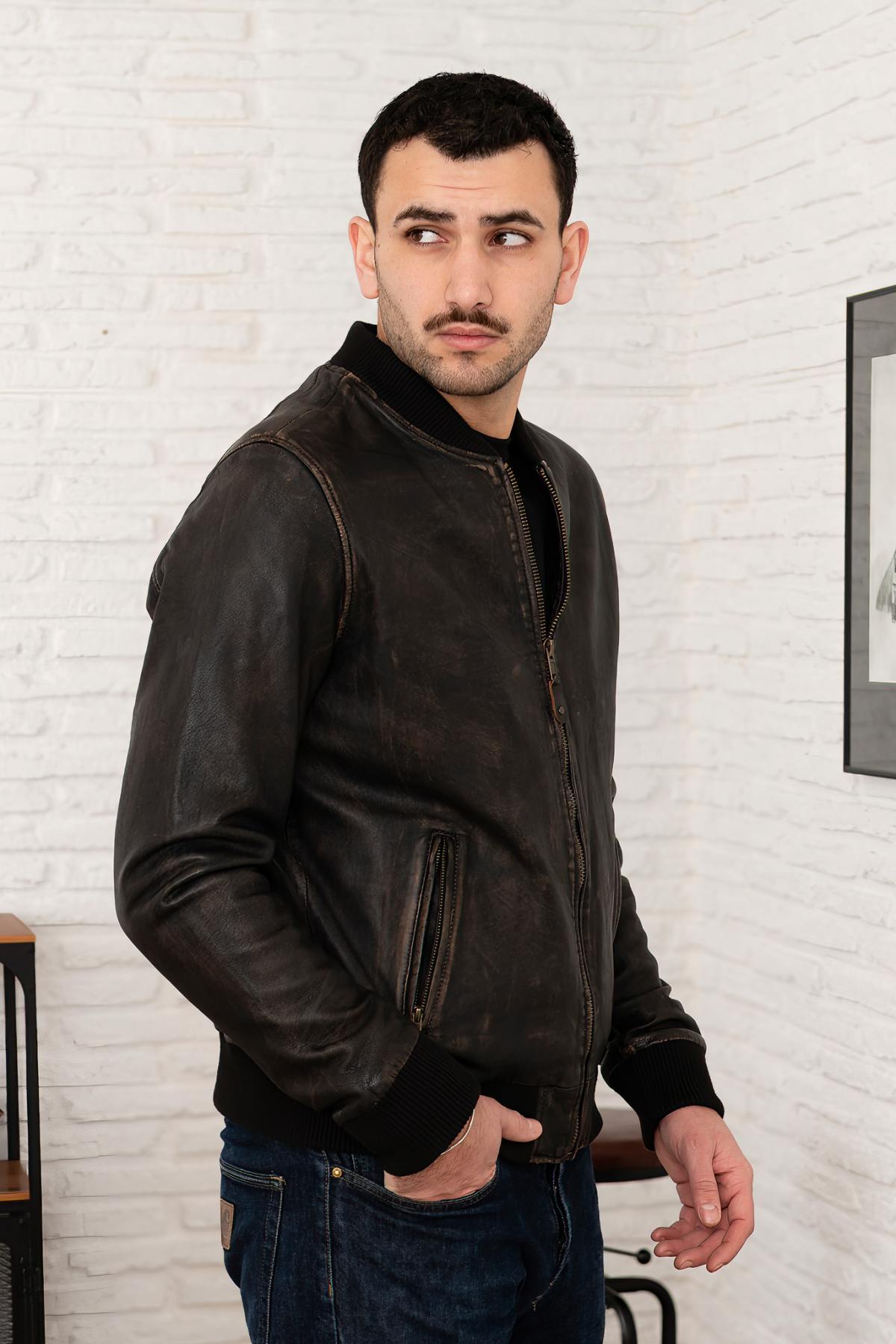 Men's Distressed Leather Bomber Jacket - Image n°6