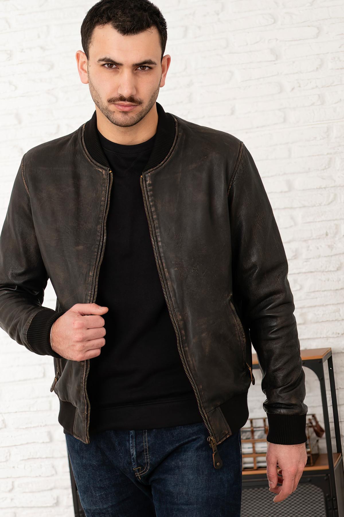 Men's Distressed Leather Bomber Jacket - Image n°2