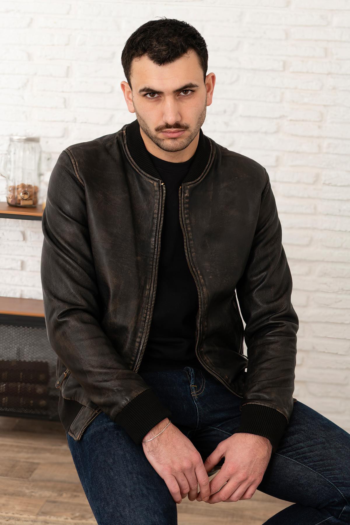 Men's Distressed Leather Bomber Jacket - Image n°1