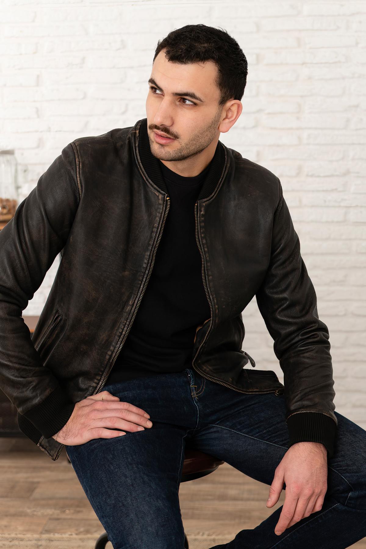 Men's Distressed Leather Bomber Jacket - Image n°8