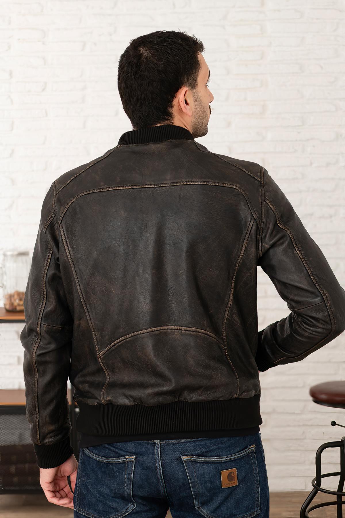 Men's Distressed Leather Bomber Jacket - Image n°3