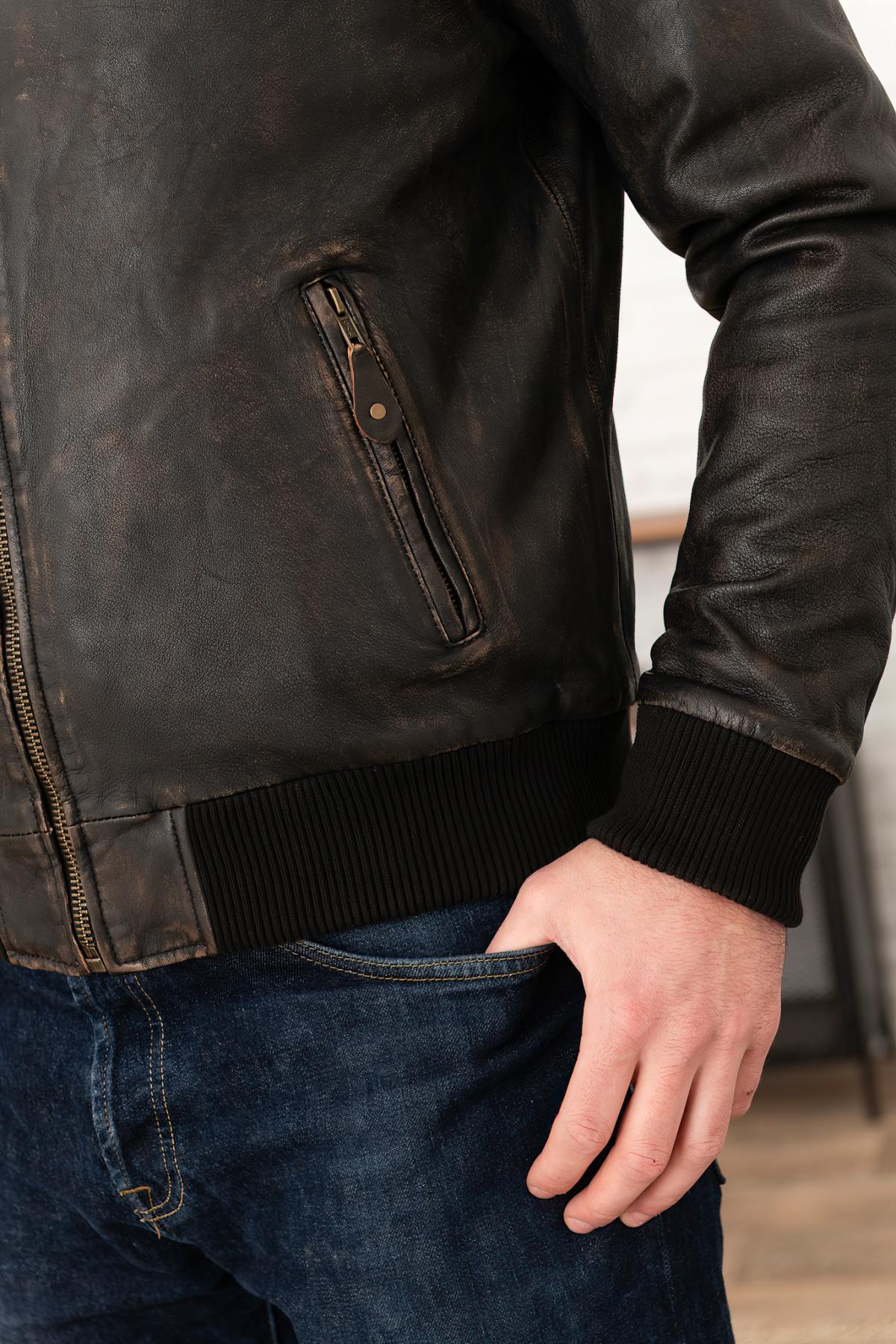 Men's Distressed Leather Bomber Jacket - Image n°5